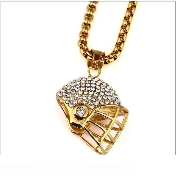 

2017 новые хипстеры панк хип-хоп ювелирные изделия титан сталь 24k позолоченный горный хрусталь регби шлем кулон длинные цепи ожерелье для м, Silver