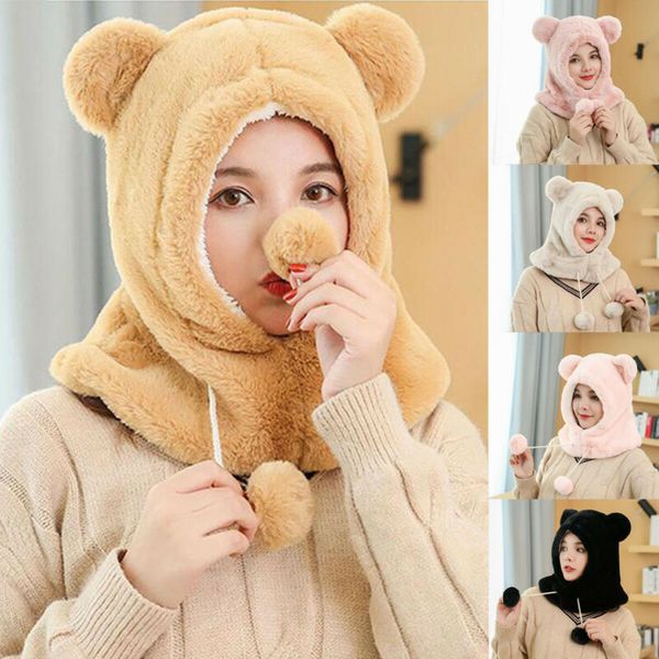 

women bomber hats solid bear ears winter outdoor warm fluffy fleece hats faux fur earflap ski cap, Blue;gray