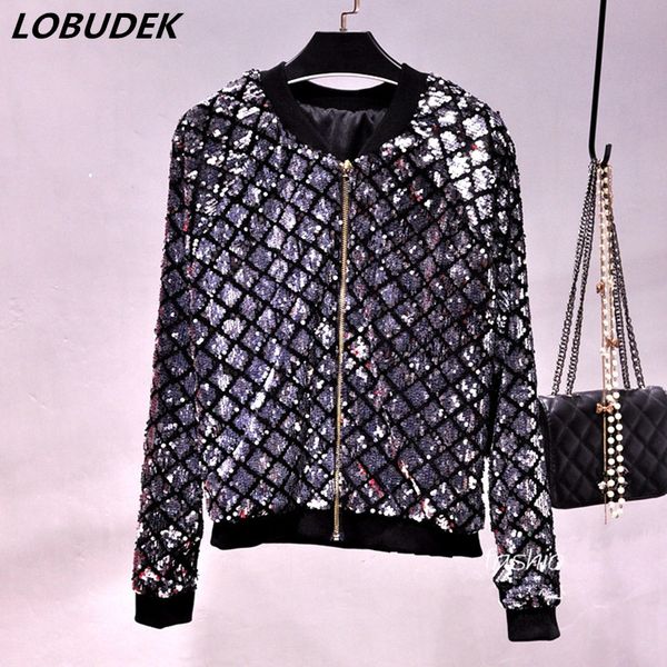 

spring women bling silver sequins baseball jackets 4 colors sequined loose coat autumn female streetwear fashion casual outwear, Black;brown