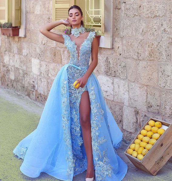 

lace mermaid backless prom dresses with detachable train beaded deep v neck party dress plus size side split evening gowns, Black
