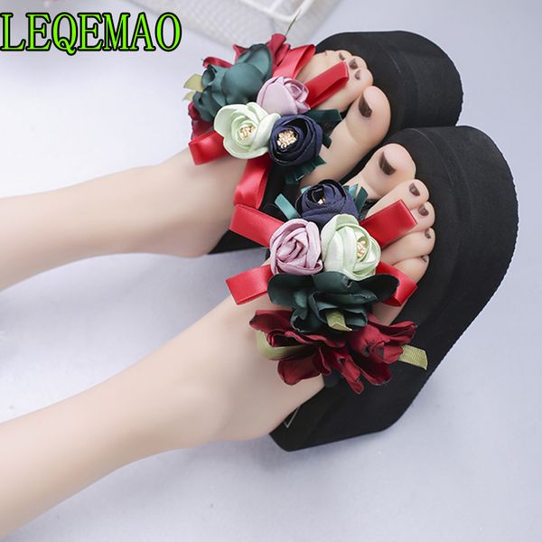 

2019 summer new flower butterfly eva wedge slippers women shoes female flip flops beach ladies flat platform solid, Black