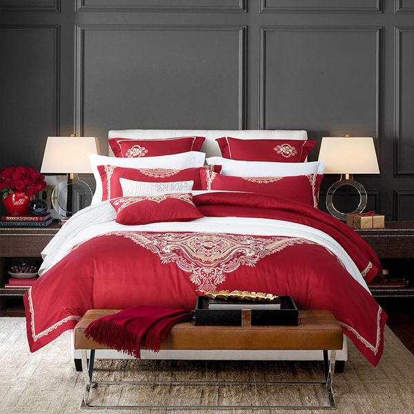 Red Egyptian Cotton Bedding Sets Luxury Embroidery Wedding Bed Set Red Egyptian Cotton Bedding Sets Luxury Embroidery Wedding Bed Set Queen King Size Duvet Cover