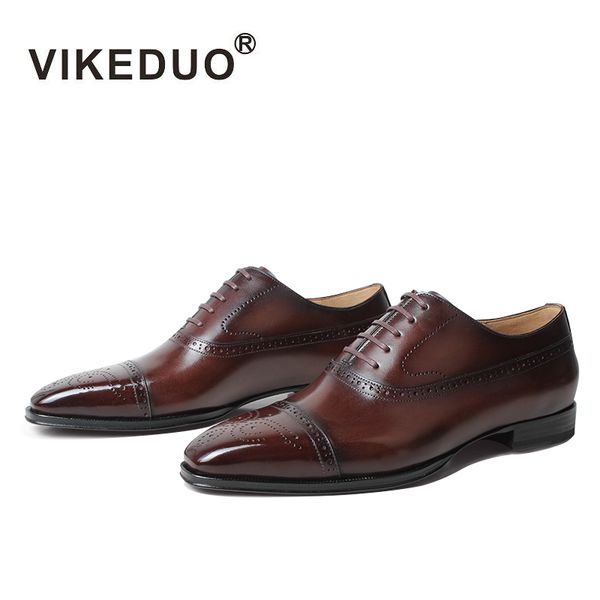 

vikeduo 2019 fashion full brogue dress shoes for men square genuine leather shoe oxford mans footwear wedding office formal shoe, Black