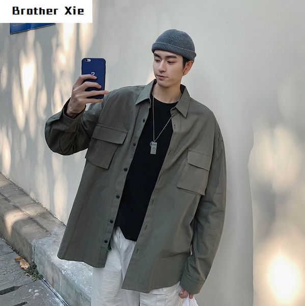 

2020 men's pocket decorate solid color long sleeve coats fashion cotton clothing brand french cuff green men shirt new arrivals, White;black