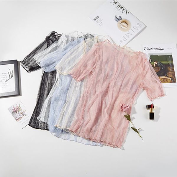 

2019 new mesh perspective summer tee women lace hollow sling shirt slim bottoming shirt female, White
