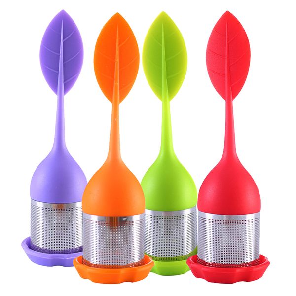 

tea infuser - stainless steel fine mesh tea filter with leaf handle and drip tray for all loose leaf tea