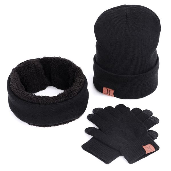 

brand 3 pieces winter hat set with bib suit and gloves thick wool knitted bonnet caps men wool beanies hats women velvet