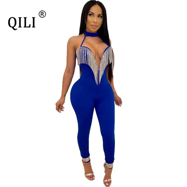 

qili женщины бахромой diamonds комбинезоны sexy холтер открыть бюст клуб комбинезон женский черный красный синий комбинезоны-футляр, Black;white