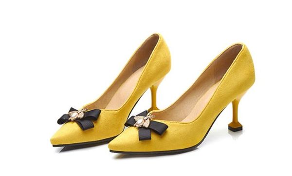 

bowknot suede women's shoes in spring and autumn high fine heel pointed end@16, Black