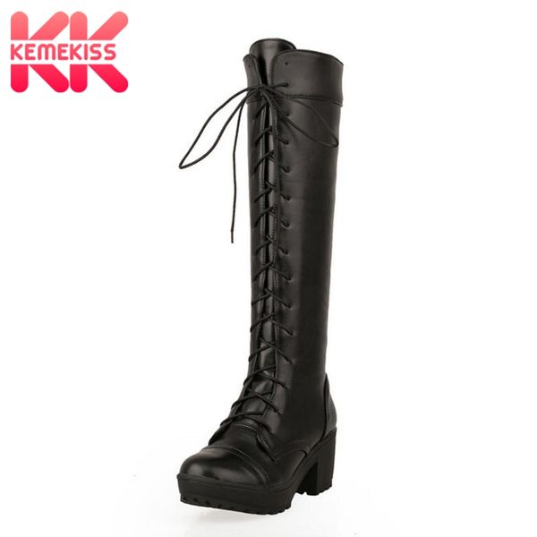 

kemekiss size 34-43 women high heel knee boots lace up knight boots gothic lace up long botas warm winter shoe women footwear, Black