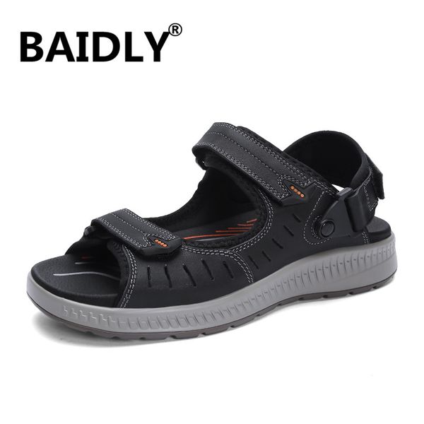 

new summer sandals men breathable genuine leather sandals man flats plus size fashion casual beach men's shoes, Black