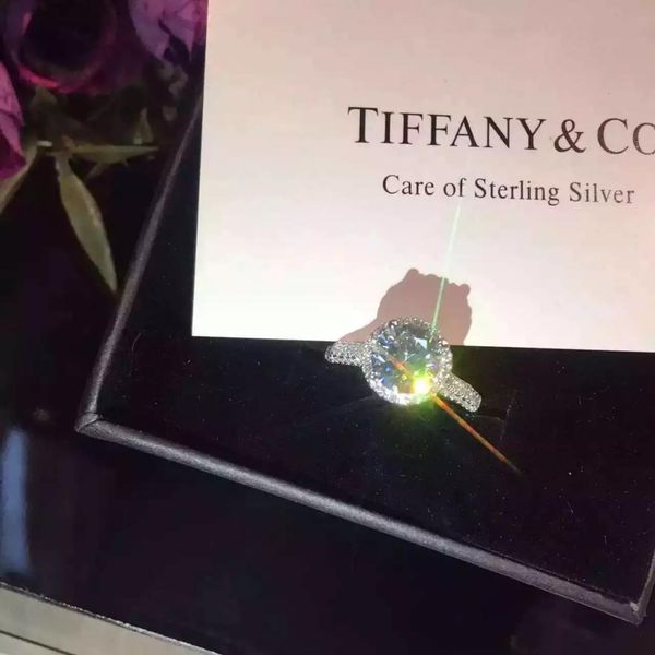 

new women jewelry 925 silver diamond ring brand luxury high carbon diamond four claw round ring shape simple ring couple original box