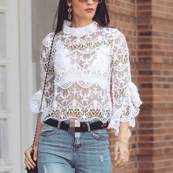 

2019 new selling wedding lace women's perspective white five-point sleeve shirt wild lace large size pullover