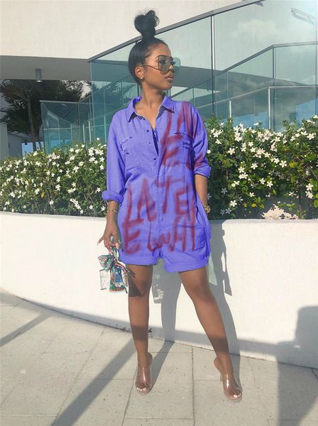 

letters printed womens jumpsuit deep v button denim rompers blue loose womens clothing, Black;white