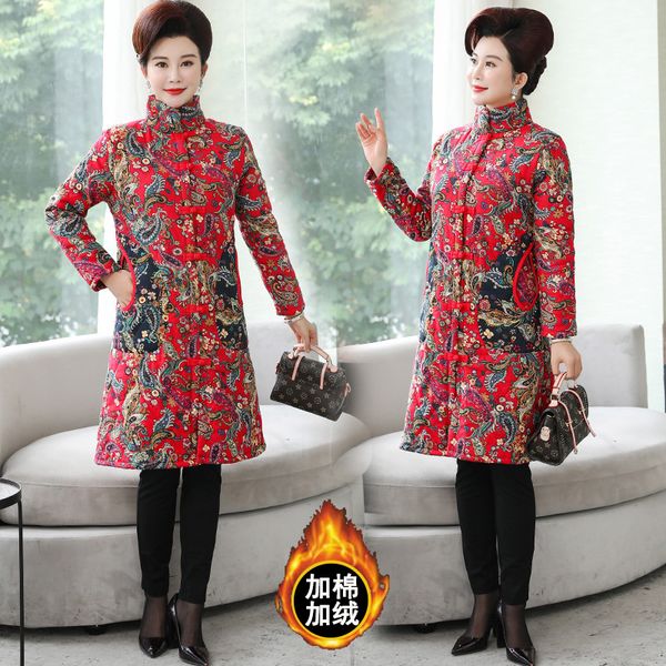 

2019 autumn and winter new style women's dress national wind cotton linen printed padded plus velvet medium-length cotton overco, Blue;black