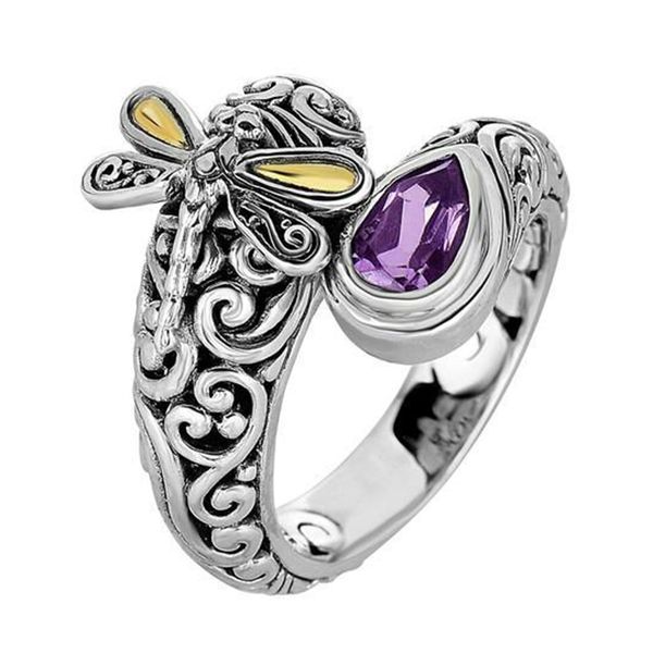 

vintage antique silver color dragonfly design purple stone finger ring for women men punk jewelry party accessories z4m265, Golden;silver