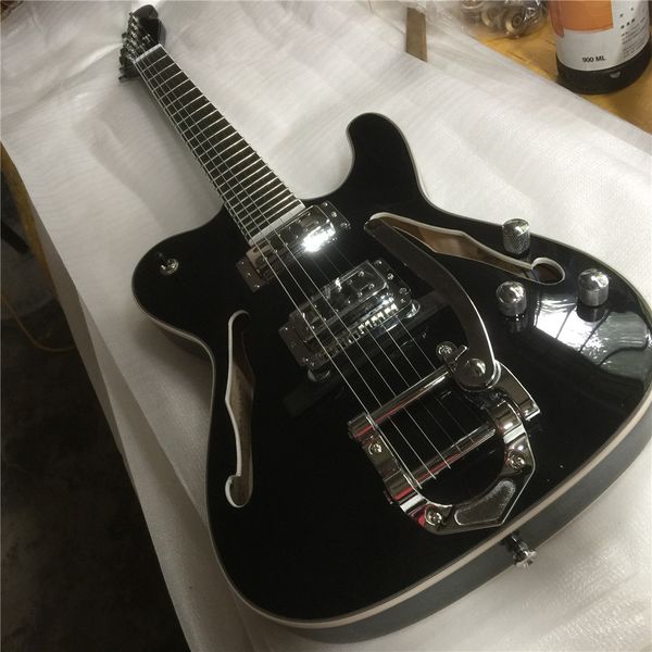 

ustom rare jazz guitar telegretscher paul waller black tele electric guitar semi hollow body f hole bigs tremolo bridge chrome