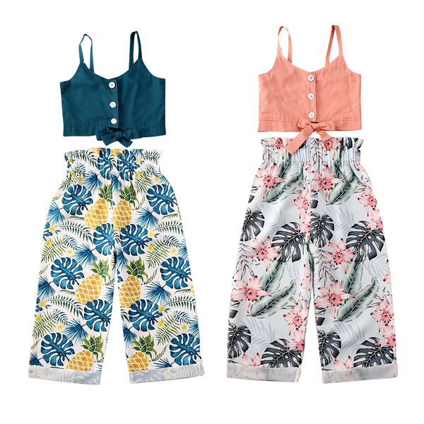 

1-5y toddler baby girl kid clothes sets ruffles sling + coconut print trousers outfit clothes sets, White