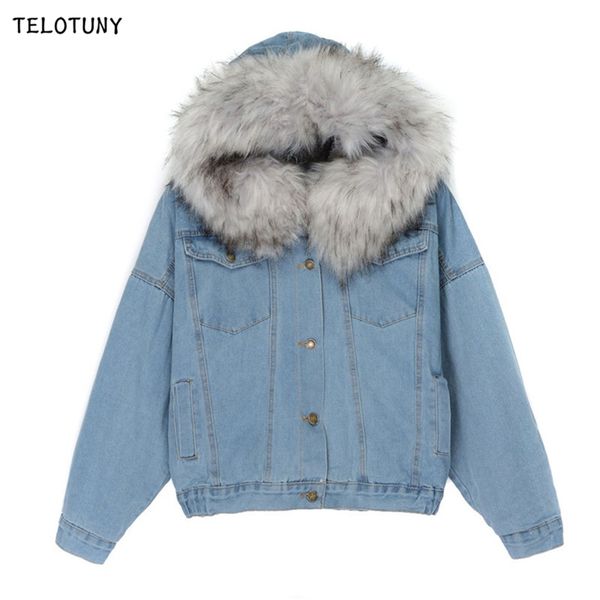 

telotuny winter fur denim jacket women jacket long sleeve washed blue jeans coat warm lining front button pockets 19l0724, White
