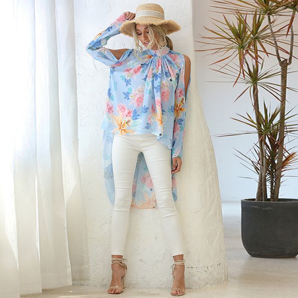 

women's blouses & shirts women cold shoulder floral printed chiffon blouse female asymmetrial long shirt harajuku womens and, White