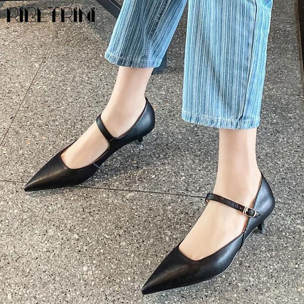 

ribetrini 33-40 brand new ladies fashion pointed toe thin heels shoes woman mary janes genuine leather pumps women pumps, Black