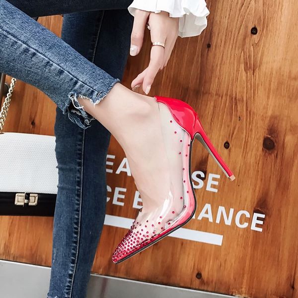 

2019 fashion new women's pumps classic crystal shallow woman high heels pointed toe transparent pvc red wedding party shoes, Black;white