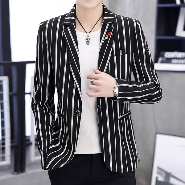 

2020 men's stripes blazer youth slim casual blazer, White;black