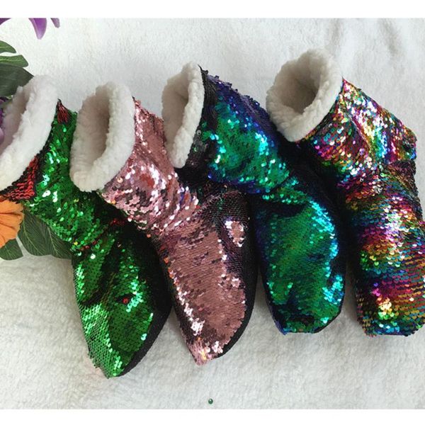 

socks slip on shoes flats for indoor home floor household daily casual womens sequins winter boots thermal warm fleece slippers, Black