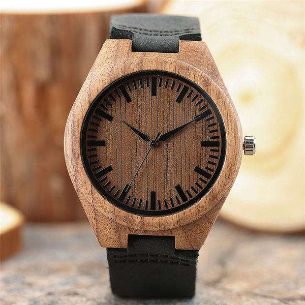 

creative modern nature wood watch bamboo quartz analog wrist watch for men black leather strap bracelet reloj de madera, Slivery;brown