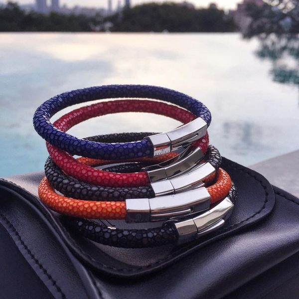 

luxury 5mm stingray leather bracelet silver stainless steel buckle bangles for women men jewelry gift, Golden;silver