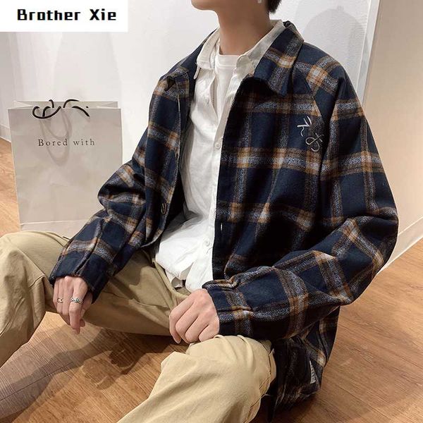 

spring new plaid jacket men fashion retro casual cotton jacket man streetwear wild hip hop loose bomber male clothes, Black;brown