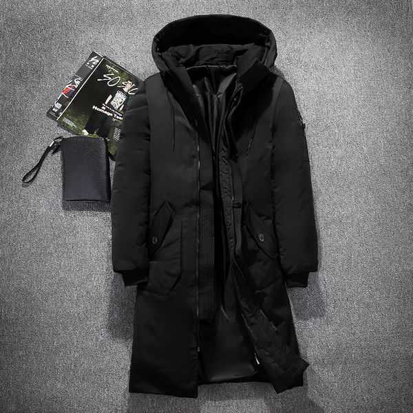

mens hooded extra long duck down padded jackets man thick winter down coats male fashion long overcoat keep warm outerwear, Black