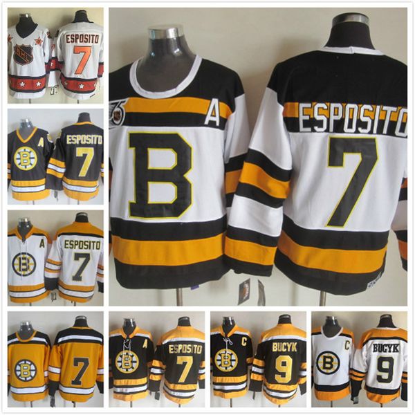 

vintage 9 johnny bucyk 7 phil esposito yellow white black vintage ice hockey jerseys, Black;red