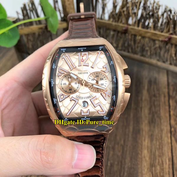 

new saratoge v 45 cc dt gold pxl gold snake scale dial miyota quartz chronograph mens watch rose gold crack case leather strap watches, Slivery;brown