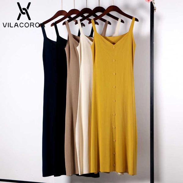 

elegant fashion lady dresses camisole button sleeveless mid calf dress women new autumn solid color street midi dress robe, Black;gray