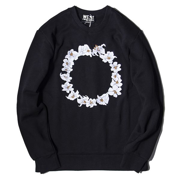 

mens lily flower wreath embroidered casual pullover autumn winter crew neck long sleeve male hip hop sweatshirts, Black