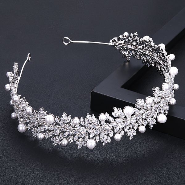 

accking luxury leaves wedding bridal pearl cubic zirconia white plated zircon tiara headband for women girl party, Golden;white