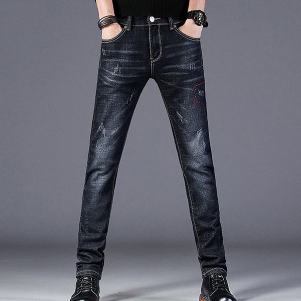 

classic men jeans men jeans casual elastic straight tube street pants student trend brand slim, Blue