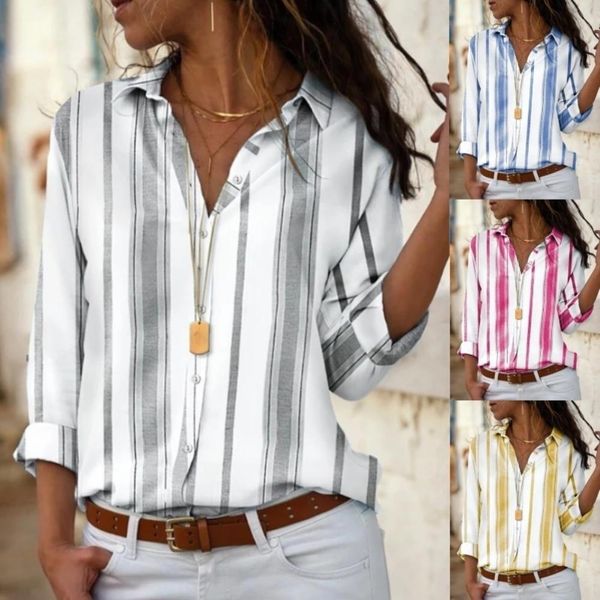 

women vertical stripe long sleeve turn down collar buttons down loose shirt top, White