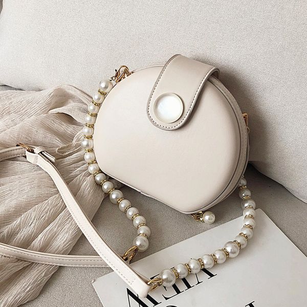 

elegant female round bag 2019 summer new quality pu leather women's designer handbag pearl chain shoulder messenger bag purses
