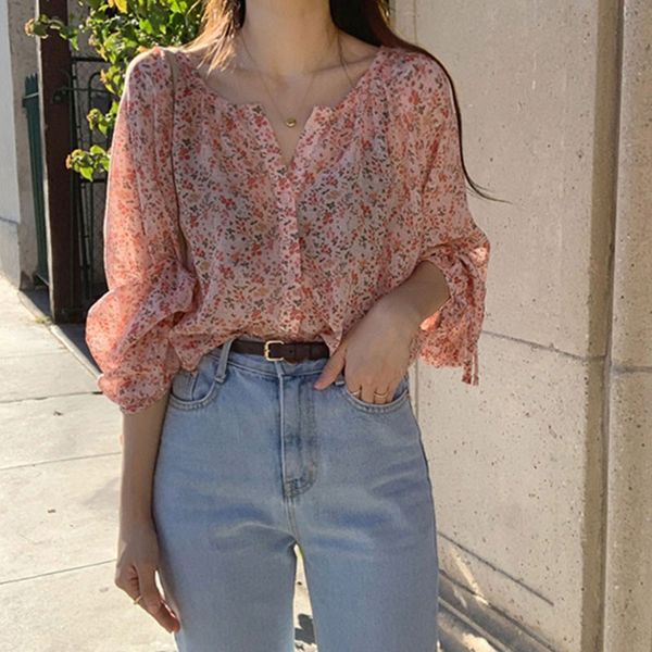 

women chiffon blouses womens floral blusas sweet print shirts summer blouses, White