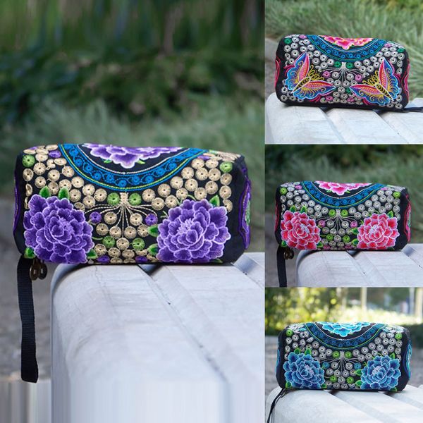

women's fashion ethnic handmade embroidered wristlet clutch bag casual vintage long printed purse wallet, Red;black