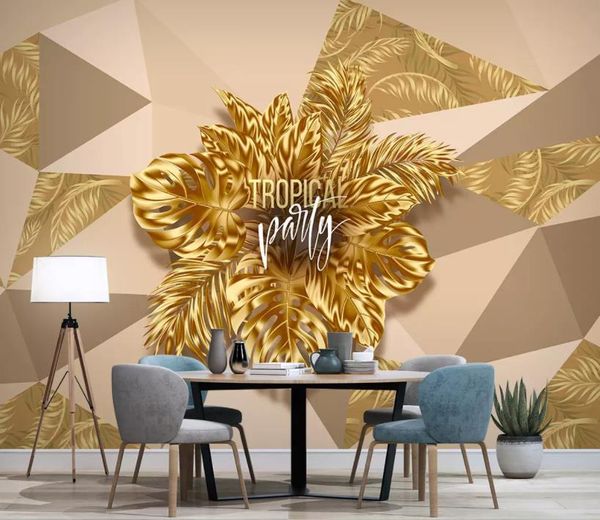 Planta tropical, folha dourada, geometria Murals Wallpaper 3D TV Background Grande Wall Painting wallpapers for Living Room Mural wall paper