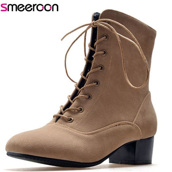 

smeeroon fashion women boots square toe zip+cross tied med heels ankle boots for women autumn winter prom shoes, Black