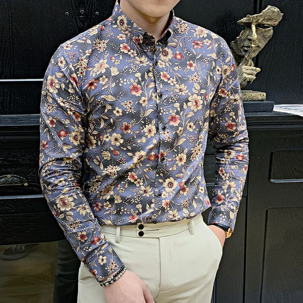

korean slim fit casual men's social shirts long sleeve night club luxury blouse men -5xl fashion 2020 spring floral shirt men, White;black