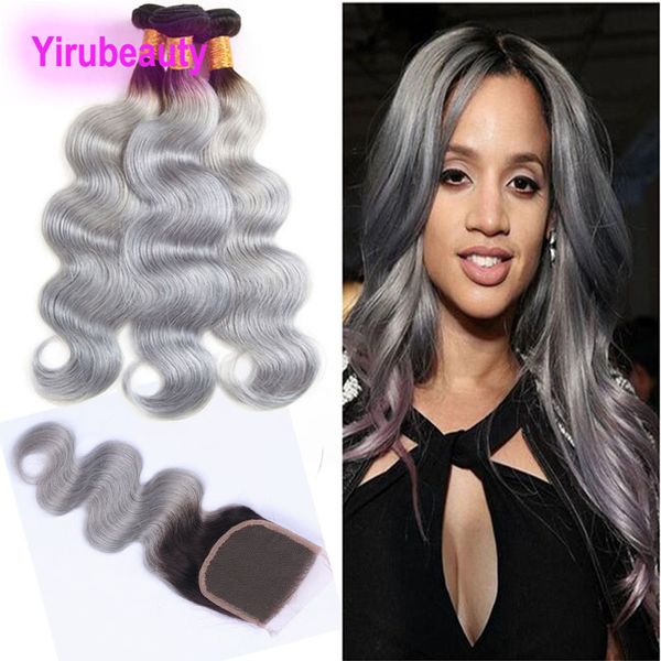 

brazilian virgin hair 1b/grey ombre hair 3 bundles with 4*4 lace closure 1b grey body wave human hair wefts with closure middle three free, Black;brown