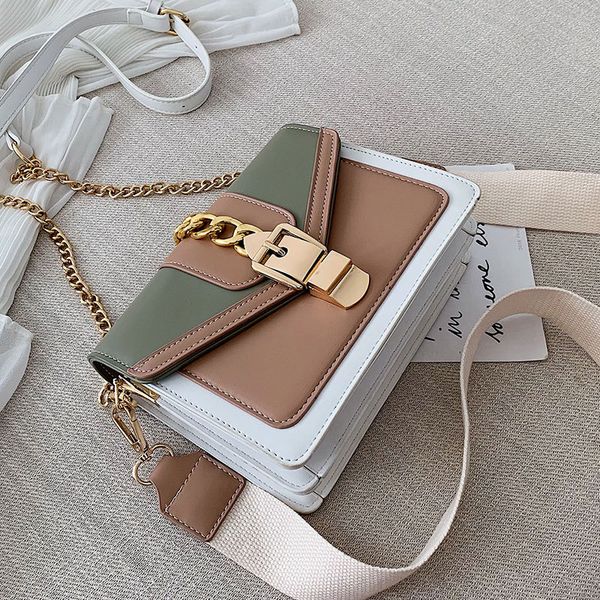

fashion panelled matching women's messenger bags wide strap metal chain women shoulder bag pu leather lady purse crossbody bags