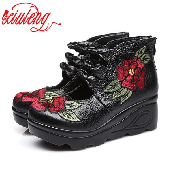 

xiuteng 2020 women flower andals shoes slope casual leather shoes fashion embroidered ladies vintage waterproof platform shoes y200702, Black