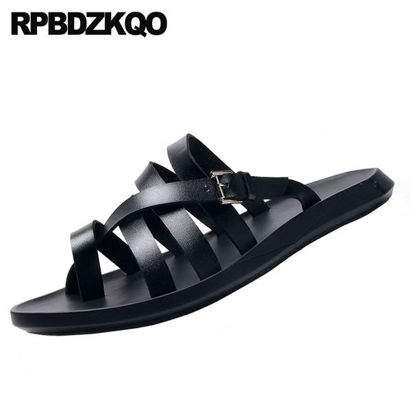 

white leather beach water waterproof slides toe loop fashion men gladiator sandals summer open strap slippers black shoes roman