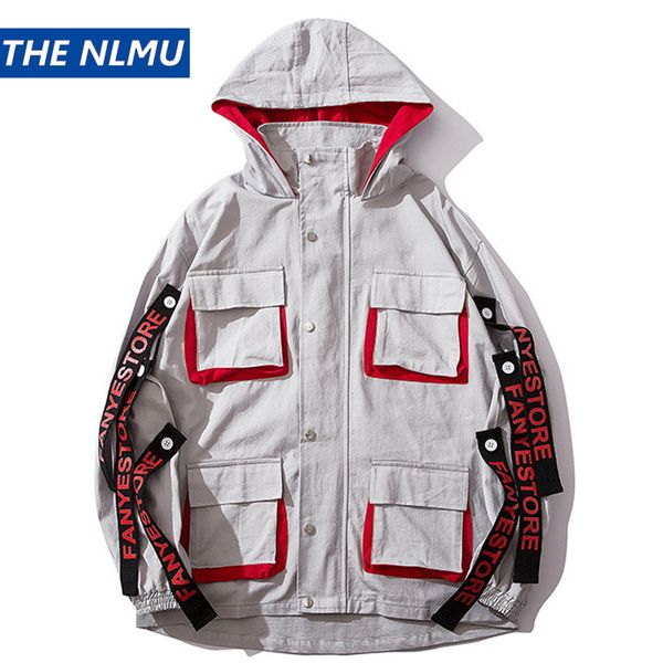 

streetwear cargo jackets men hip hop pocket coat long sleeve multi-pocket 2019 fashion mens casual ribbon jacket cotton hz140, Black;brown